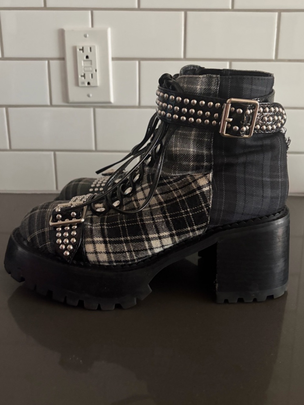 Jeffrey Campbell Helter Black/Grey Plaid Combat Boots - Picture 3 of 14